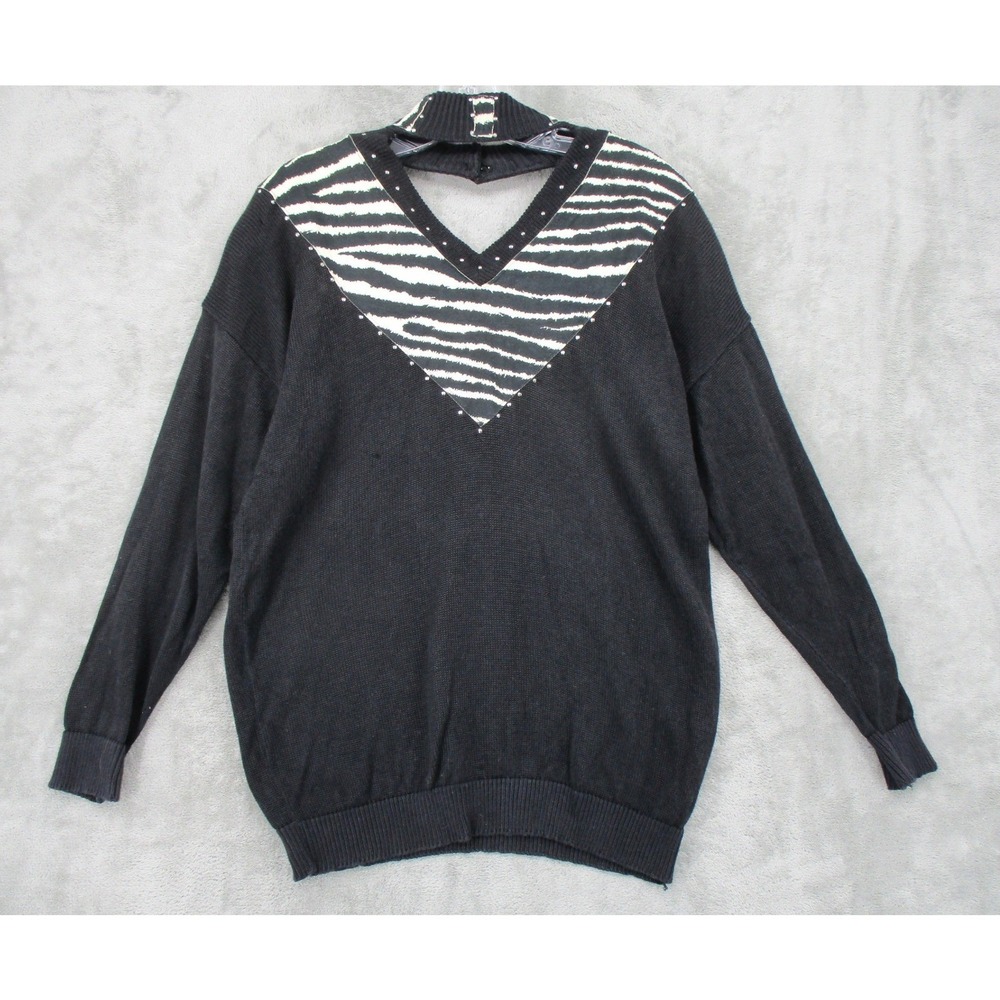 Vintage David David Sweater Womens Large Zebra Cutout Mock Neck Studded Black‎